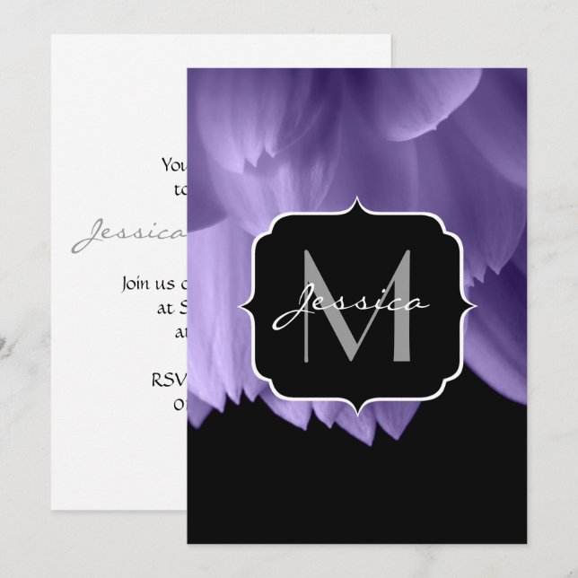 Invitación Pétalos de flores ultravioleta negro Monograma Inv (Anverso / Reverso)