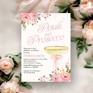 Invitación Pétalos de lazo rosa y brindis de prosecco para la