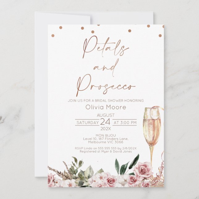 Invitación Pétalos de oro Rosa Ducha de novias Prosecco Boho (Anverso)