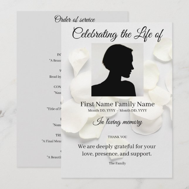 Invitación pétalos de rosa orden de servicio blanco (Anverso / Reverso)