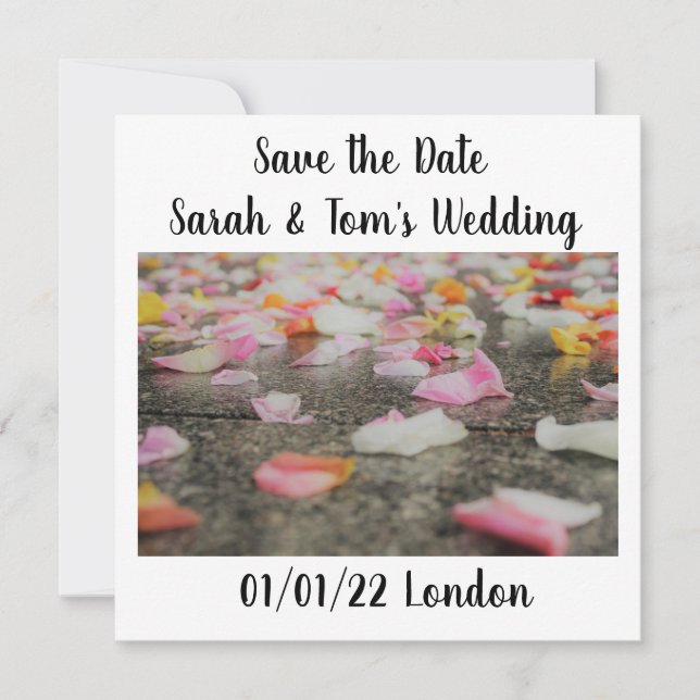 Invitación pétalos de rosa para bodas save the date (Anverso)