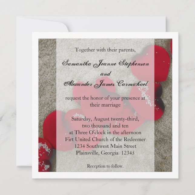 Invitación Pétalos de rosa roja, boda de playa de arena (Anverso)