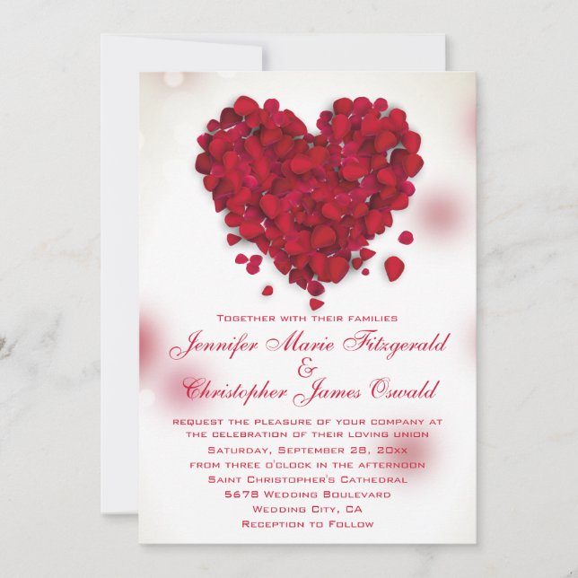 Invitación Pétalos de rosa roja Boda del corazón de amor (Anverso)