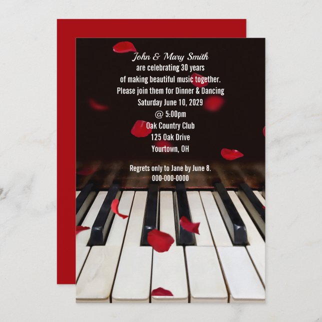 Invitación Pétalos de rosa roja en 30 años de piano (Anverso / Reverso)