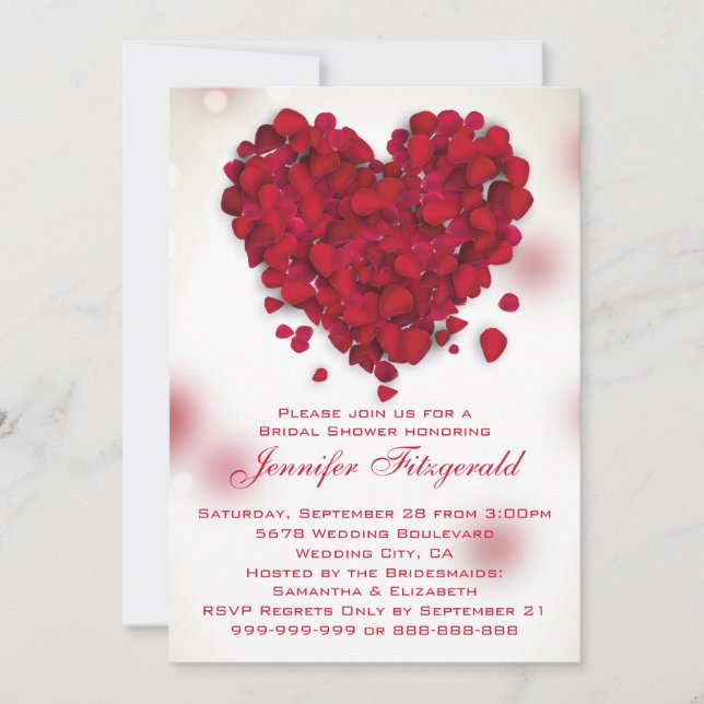 Invitación Pétalos de rosa roja Encantan Corazón Ducha Bridal (Anverso)
