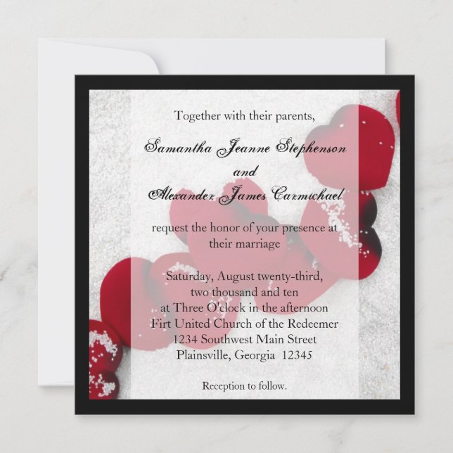 Invitación Pétalos de rosa rojo en nieve, boda de invierno (Anverso)