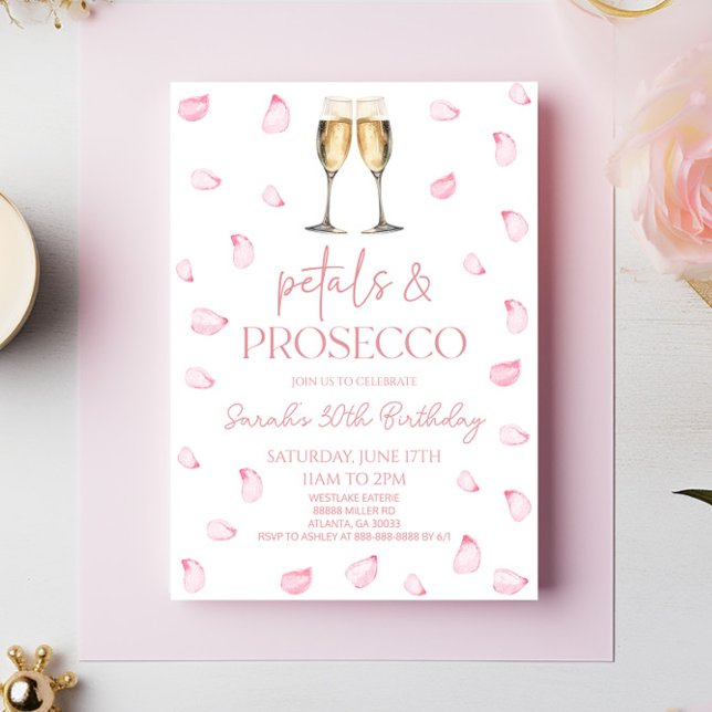 Invitación Pétalos de rosa rosada y Prosecco Fiesta de cumple (Subido por el creador)