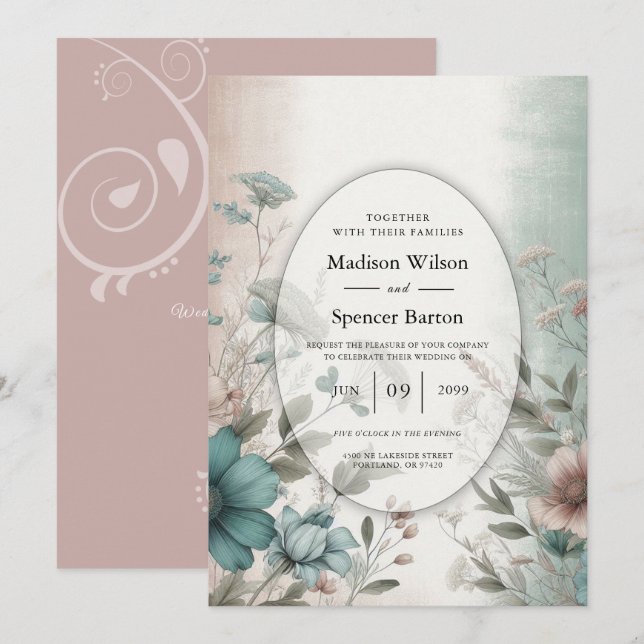 Invitación Pétalos Dusky y Boda floral de serenidad suave (Anverso / Reverso)