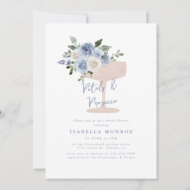 Invitación Pétalos florales azules y ducha de novia Prosecco (Anverso)