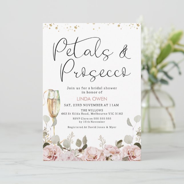 Invitación Pétalos florales de Rubor y ducha de novia Prosecc (Anverso de pie)