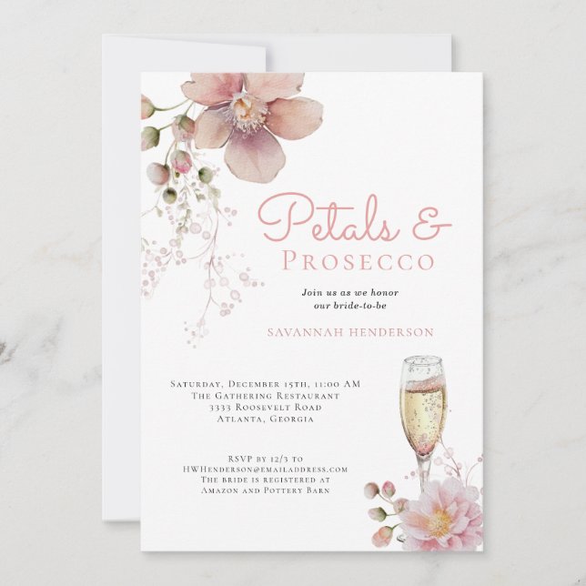 Invitación Pétalos florales rosados y ducha de novia Prosecco (Anverso)