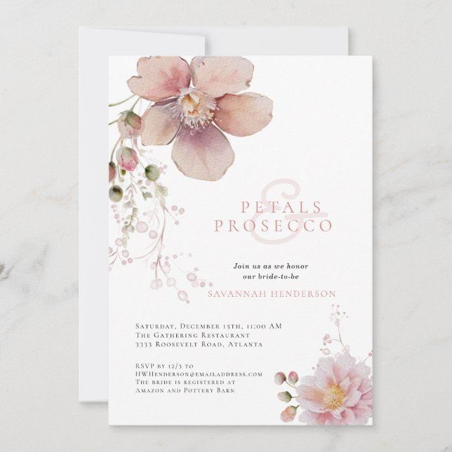Invitación Pétalos florales rosados y ducha de novia Prosecco (Anverso)