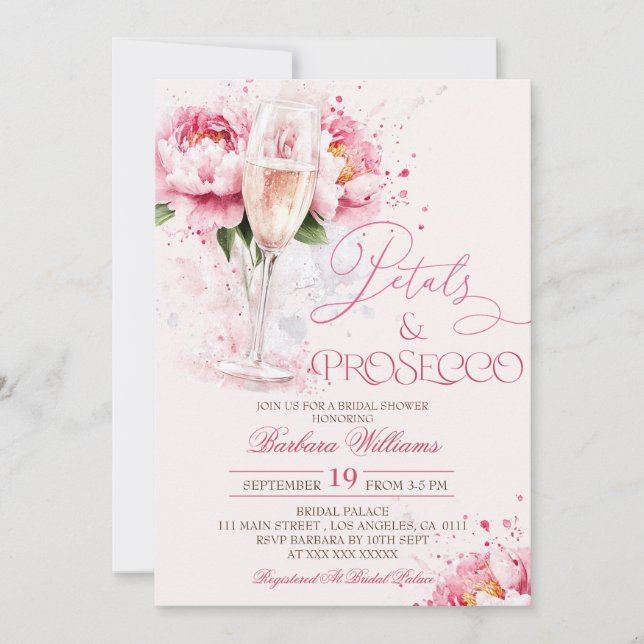 Invitación Pétalos florales rosados y ducha de novia Prosecco (Anverso)
