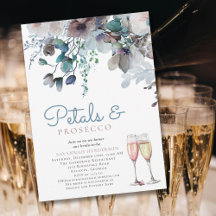 Pétalos florales y ducha de novia azul Prosecco