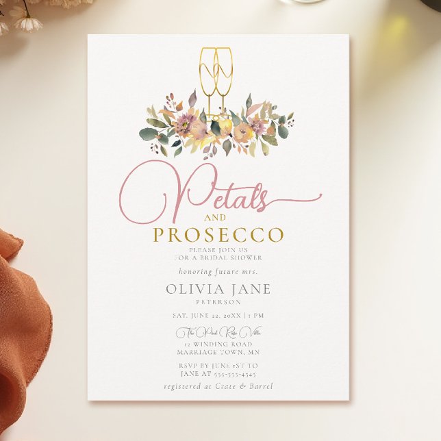 Invitación Pétalos Prosecco Cosecha Flores Caen Ducha Bridal (fall bridal shower invitation petals and prosecco floral watercolor elegant calligraphy)