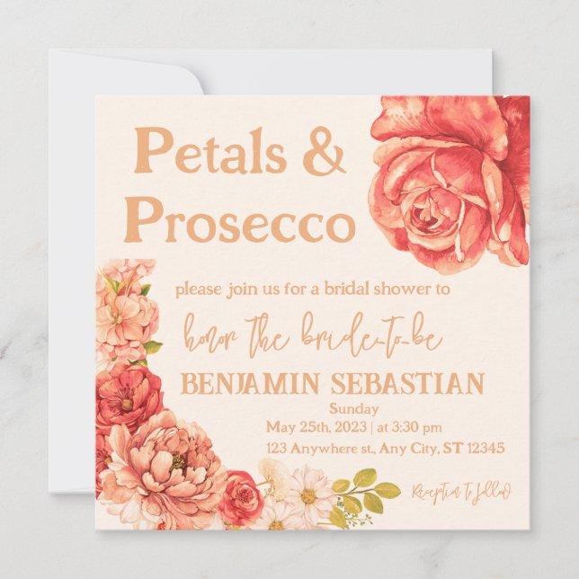 Invitación pétalos prosecco elegante ducha de novia floral (Anverso)