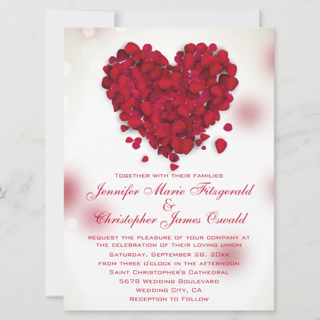 Invitación Pétalos rojos Boda del corazón de amor (Anverso)