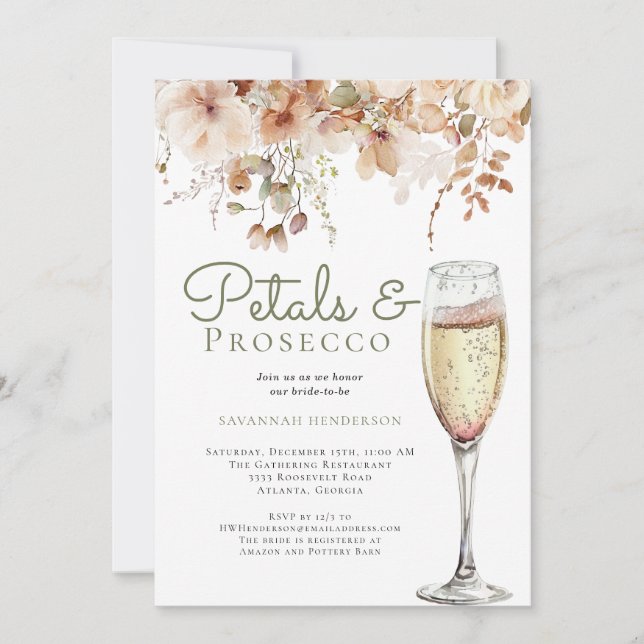 Invitación Pétalos románticos y ducha de novia floral Prosecc (Anverso)