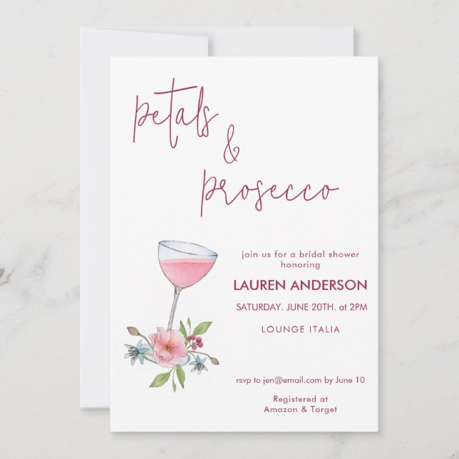 Invitación Pétalos rosados de Rubor y ducha de novia Prosecco (Anverso)