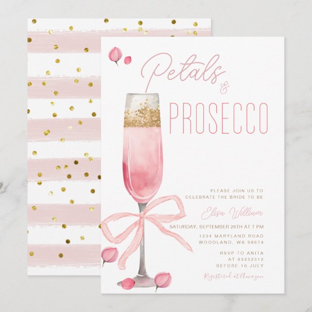 Invitación Pétalos rosados de vaca y ducha de novia Prosecco (Anverso / Reverso)