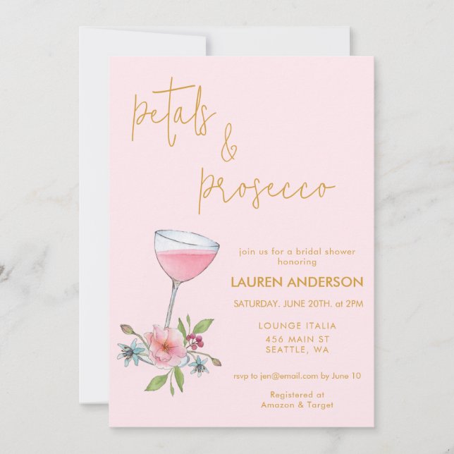 Invitación Pétalos rosados y dorados y ducha de novia Prosecc (Anverso)