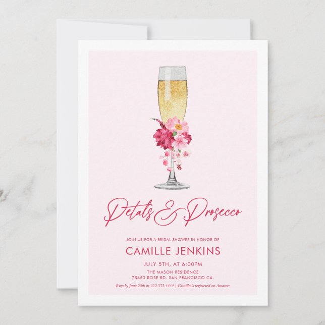 Invitación Pétalos rosados y ducha de novia floral Prosecco (Anverso)