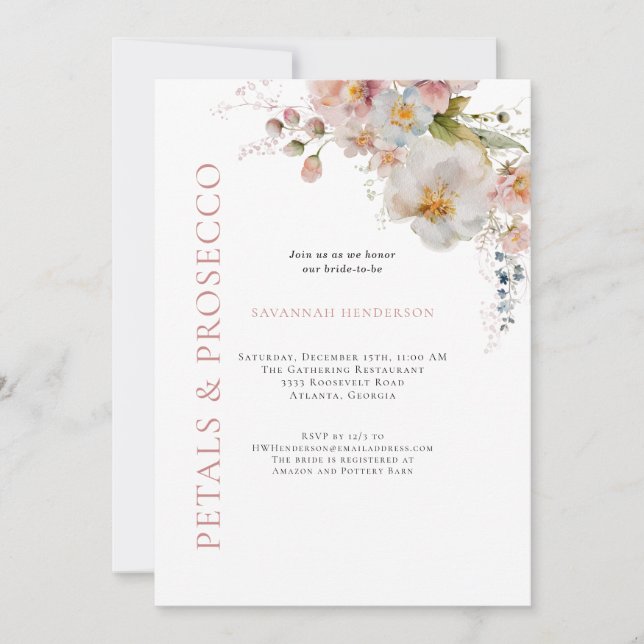 Invitación Pétalos rosados y ducha de novia floral Prosecco (Anverso)