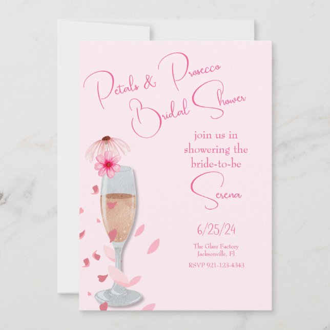 Invitación Pétalos rosados y ducha de novias Prosecco (Anverso)