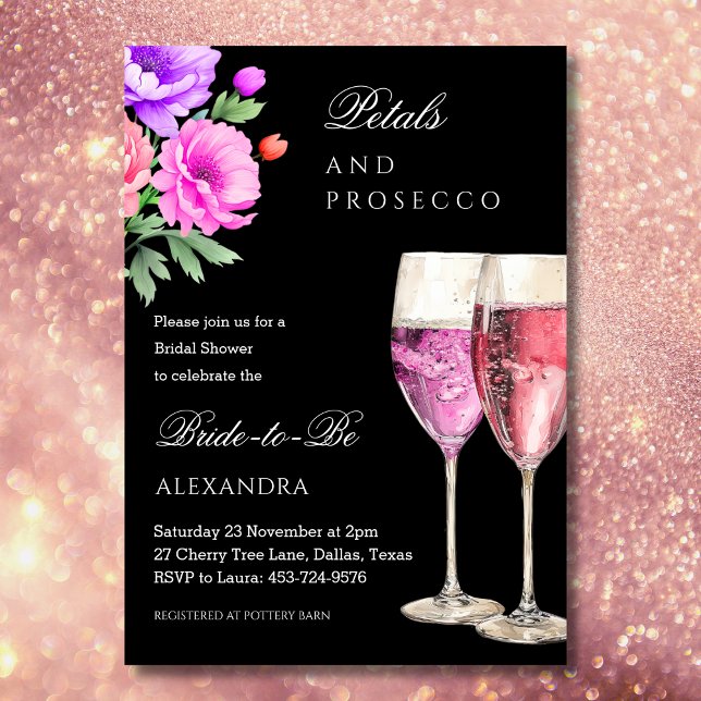 Invitación Pétalos rosados y negros y ducha de novias Prosecc (Subido por el creador)