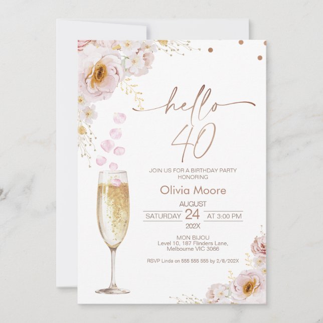 Invitación Pétalos Rosas Glass Champagne Hola 40 Cumpleaños (Anverso)