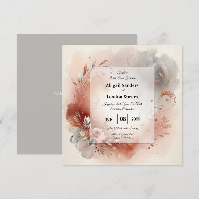 Invitación Pétalos ruborizados y Boda de Swirls plateado (Anverso / Reverso)