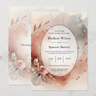 Invitación Pétalos Sonrojados y Remolinos de Plata Boda