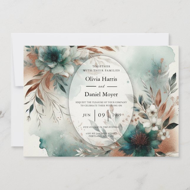 Invitación Pétalos Turquesa en Flor de Bronce Boda (Anverso)