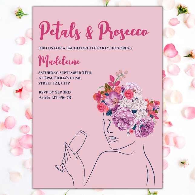 Invitación Pétalos Y Bachillerato De Guirnalda Floral Prosecc (petals and prosecco bachelorette party invitation floral wreath pink purple)
