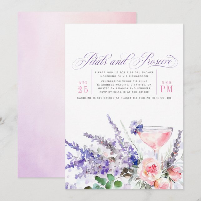Invitación Pétalos y ducha de novia con flores púrpura de Pro (Anverso / Reverso)