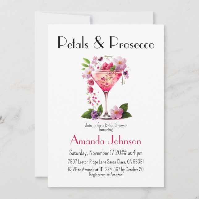 Invitación Pétalos y ducha de novia floral rosada Prosecco (Anverso)