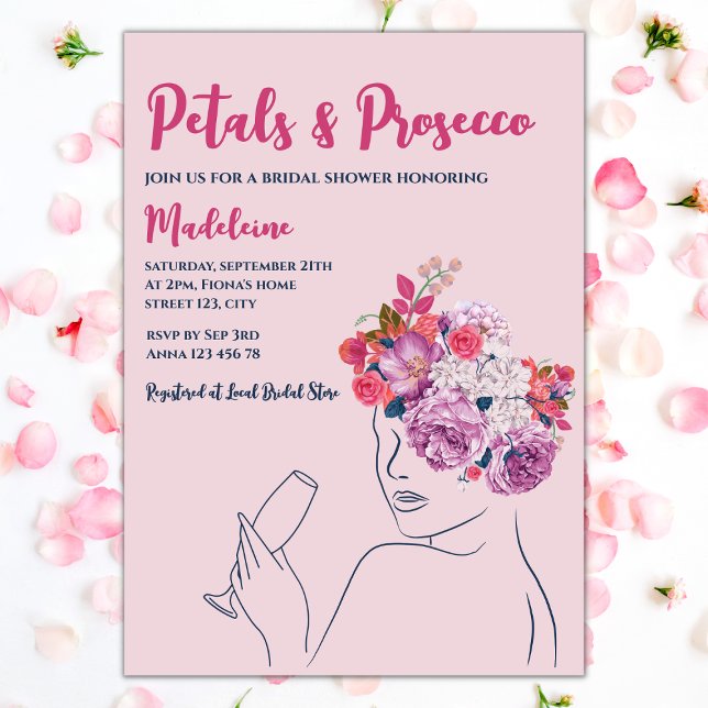 Invitación Pétalos Y Ducha De Novias De Floral Rosa Prosecco (petals and prosecco bridal showerinvitation blush floral wreath woman silhouette)