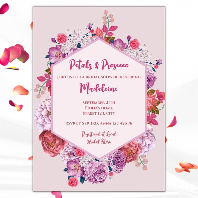 Invitación Pétalos Y Ducha De Novias Florales Prosecco (petals and prosecco bridal shower invitation pink floral wreath)