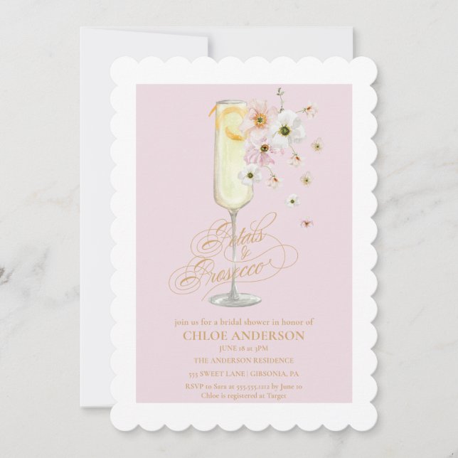 Invitación Pétalos y ducha de novias Prosecco Champagne (Anverso)