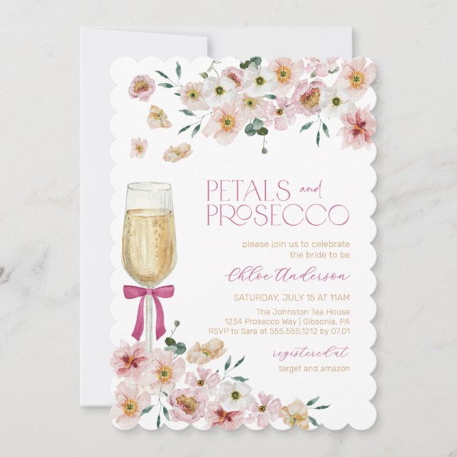Invitación Pétalos y ducha de novias Prosecco Champagne (Anverso)