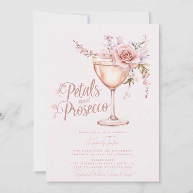 Invitación Pétalos Y Ducha De Novias Rosa Rosada Del Prosecco (Anverso)
