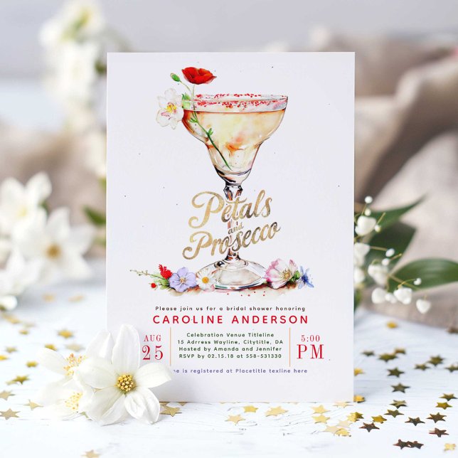 Invitación Pétalos y flores silvestres de Prosecco Ducha de n (Wildflowers Bridal Shower Invitation Petals and Prosecco)