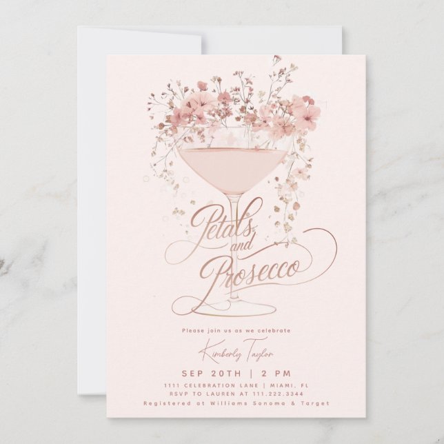 Invitación Pétalos Y Flores Silvestres Rosadas Prosecco Ducha (Anverso)