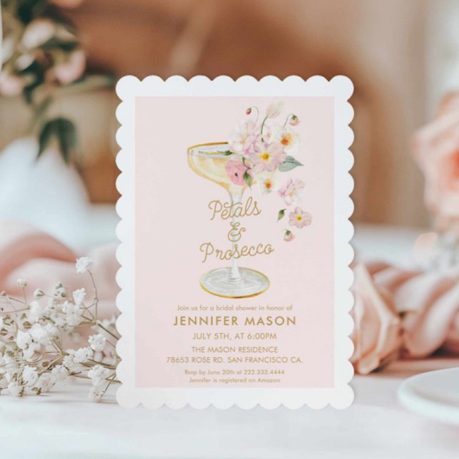 Invitación Pétalos y la Noche del Jardín Prosecco (Blush Pink Petals and Prosecco Bridal Shower Invitation)