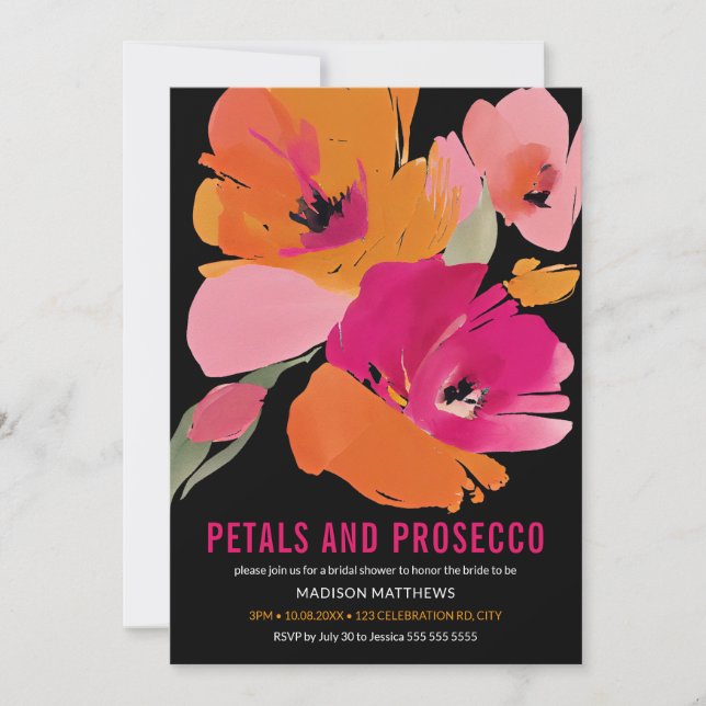 Invitación Pétalos y Prosecco Brillante Abstracto Floral Negr (Anverso)
