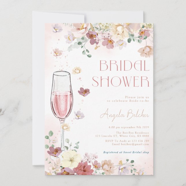 Invitación Pétalos y Prosecco con flores silvestres ducha de  (Anverso)