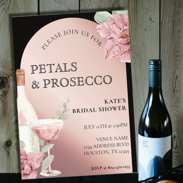Invitación Pétalos y Prosecco Ducha de Novias de Oro Negro y  (Petals & Prosecco Black & Rose Gold Bridal Shower Invitation
)