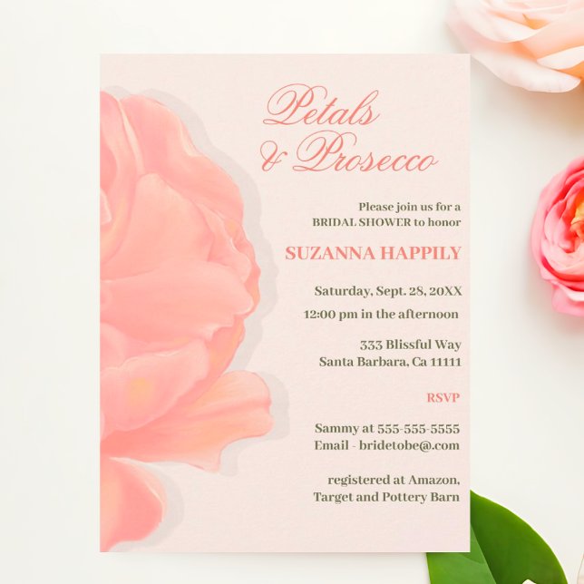 Invitación Pétalos y Prosecco Floral Rubor ducha de novia ros (Petals and Prosecco Blush Pin Bridal Shower Invitations.)