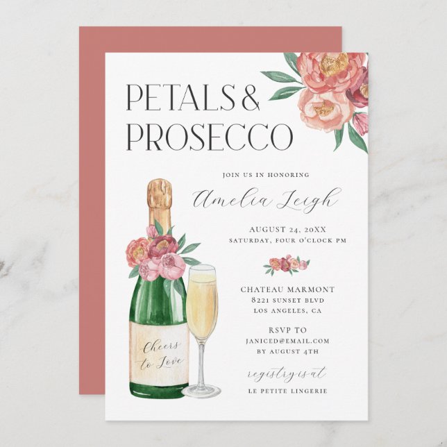 Invitación Pétalos y Prosecco Rosa Floral (Anverso / Reverso)
