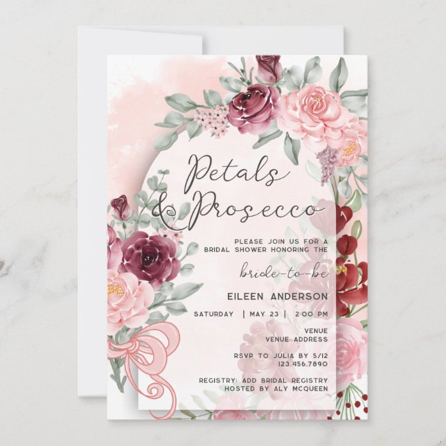 Invitación Pétalos y Prosecco Roses Rosados Arco Ducha Bridal (Anverso)